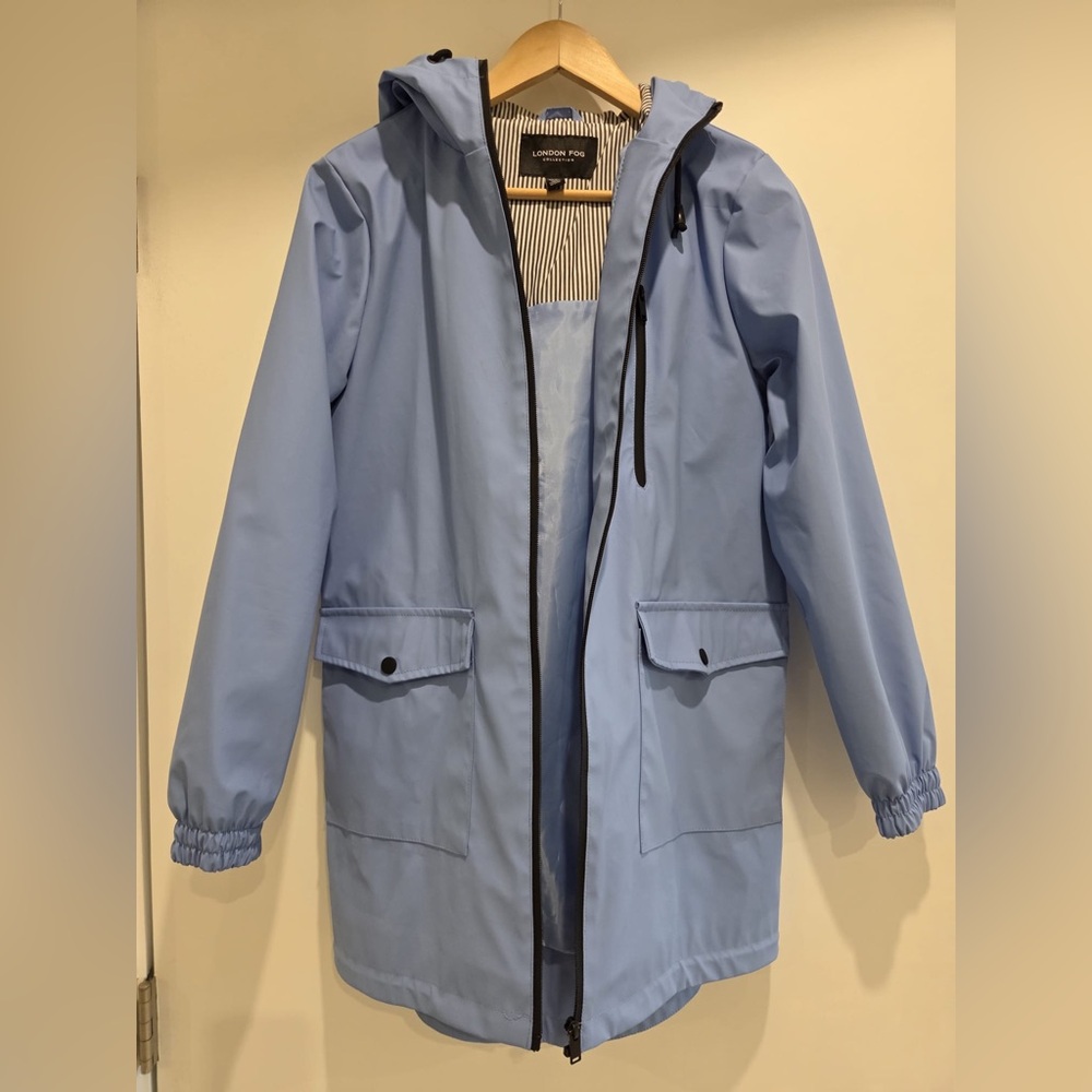 London Fog light blue Striped Rain Coat